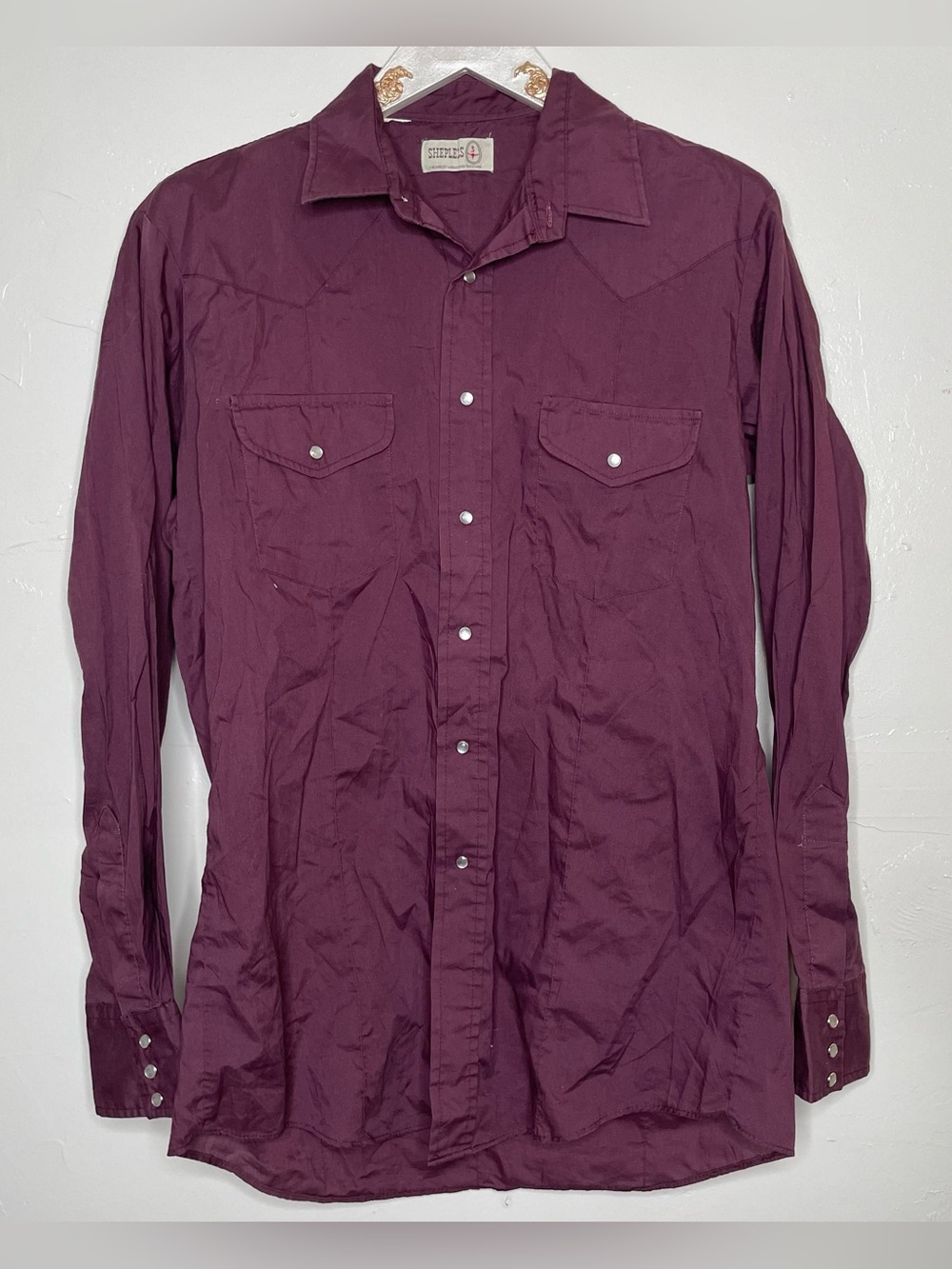 VINTAGE SHEPLERS MAROON WESTERN PEARL SNAP LONG SLEEVE SHIRT SZ S MENS